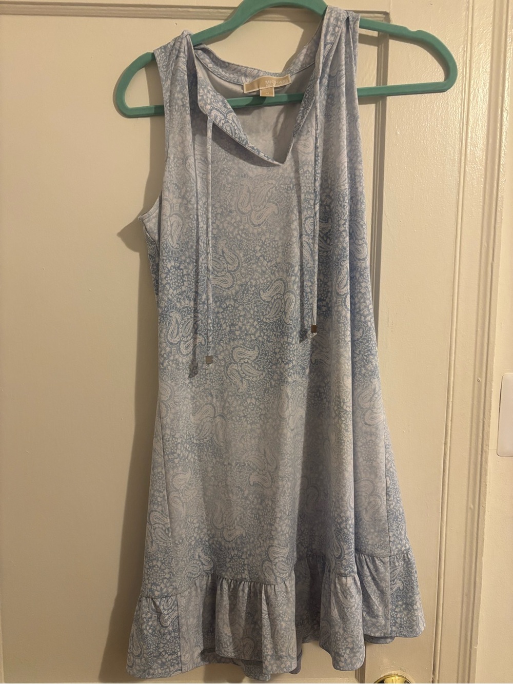 Michael Kors Light Blue Paisley Sleeveless Tie-Neck Dress